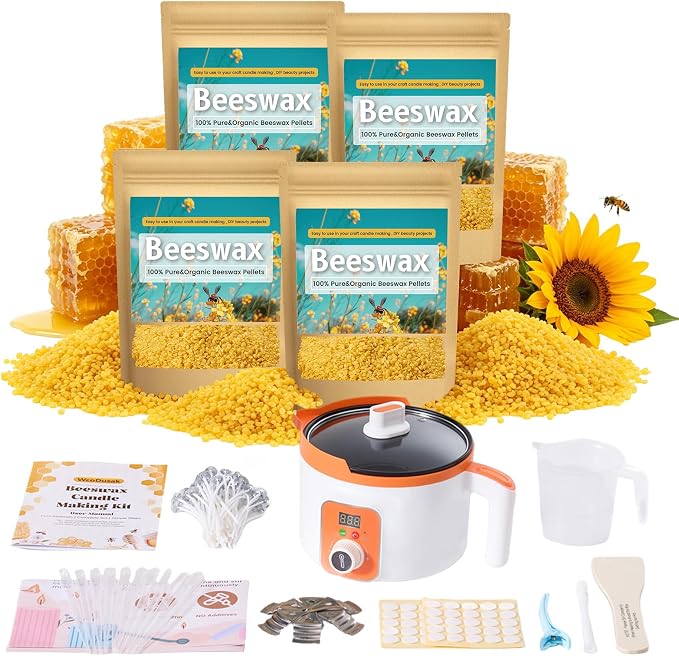 WcoDusak Beeswax Candle Making Supplies, 4LB (64oz) Natural Beeswax for Candle Making with Electric Wax Melter, Bees Wax Pellets for Candle, Lip Balm, Lotion & Soap Making Ideal for Home Craft
