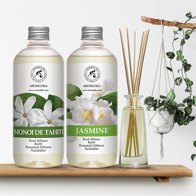 Reed Diffuser Refill Monoi de Tahiti and Jasmine Reed Diffuser Refill - 2 x 17.0 Fl Oz - Room Freshener - Fresh & Long Lasting Fragrance - for Aromatherapy - Gift Idea