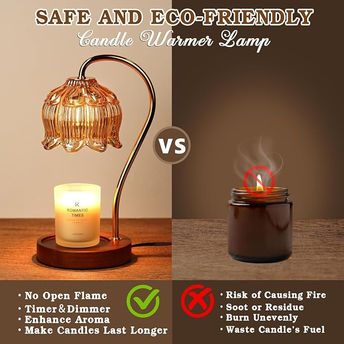 Funistree Flower Candle Warmer Lamp with Timer, Dimmable Candle Lamp Warmer, Christmas Birthday Gifts for Women Mom Her, Housewarming Home Decor, Lotus Wax Warmer for Yankee - Amber-2 Pack 10 Inch
