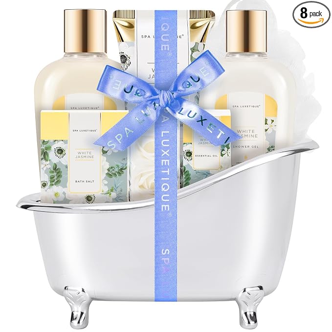Spa luxetique 8pcs Jasmine Gift Set for Women, Spa Gift Baskets Bath and Body Gifts with Shower Gel, Bubble Bath, Mother's Day Gifts for Mom Birthday Anniversary