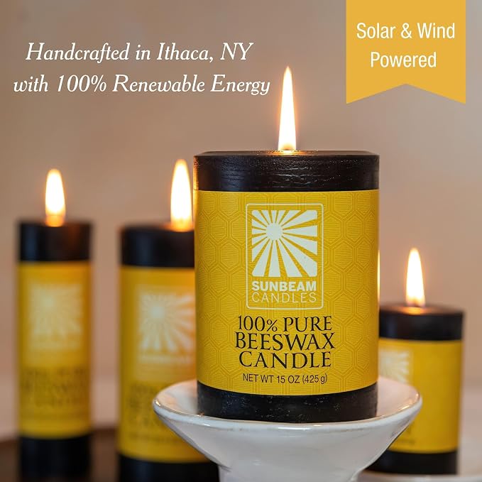 Sunbeam Candles 100% Pure Beeswax Pillar Candles | Long Burning All Natural Non-Toxic Beeswax Candles | Made in USA (Smooth, Midnight Black, 3"x4.25")