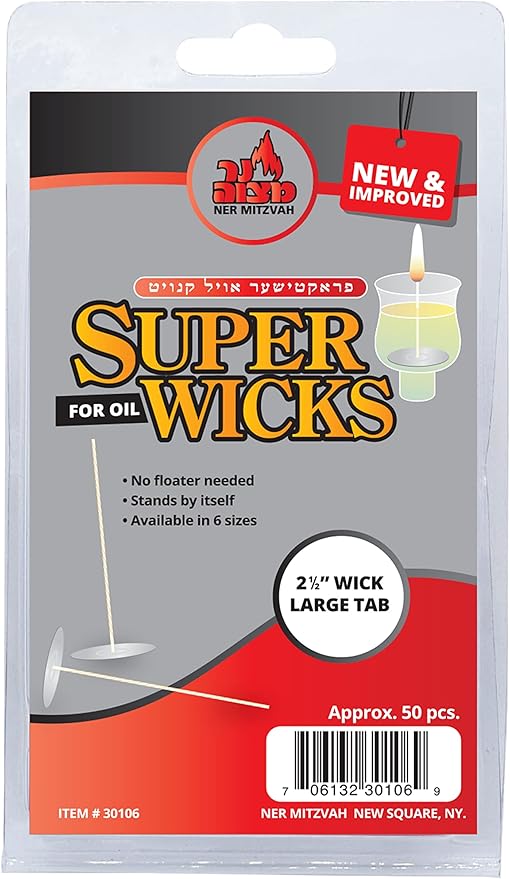 Ner Mitzvah Self Standing Cotton Wicks for Glass Oil Cup, Large Tabs, 2.5 inch Wicks, No Floater Needed, for Candle Lighting, Multipurpose (Pack of 50)