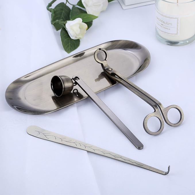 MUXSAM 4 in 1 Candle Accessory Set, Candle Wick Trimmer, Candle Snuffer, Wick Trimmer, Candle Wick Dipper, Storage Tray Plate, Candle Care Tools Gifts for Candle Lovers(Bronze)