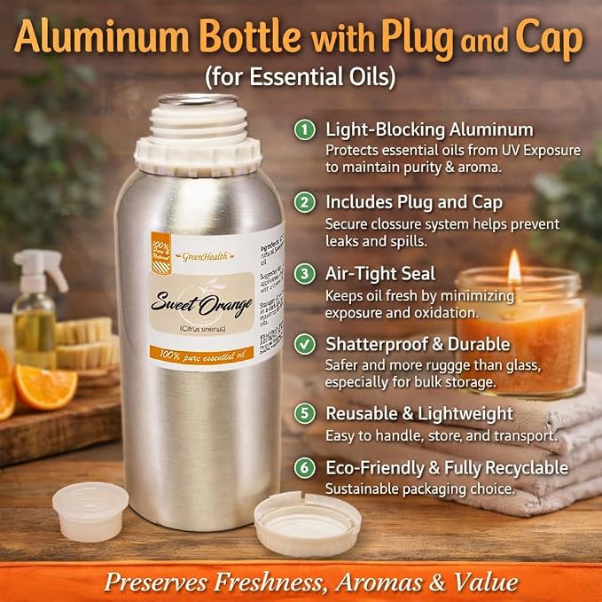Sweet Orange Essential Oil – 16 fl oz (473 ml) Aluminum Bottle w/Plug Cap – 100% Pure Essential Oil – GreenHealth