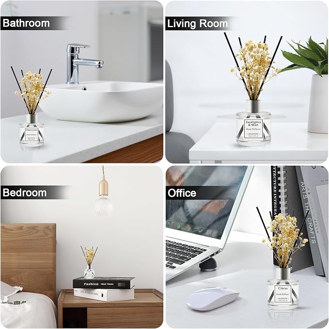 Reed Diffuser Set of 3 Pack,Eucalyptus & Mint,Lavender,Clean Linen Scented Oil Diffuser with 12 Sticks,Reed Diffuser for Home Living Room Office Bathroom Air Freshener,50ml x 3