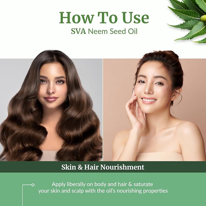 SVA Neem Seed Oil Organic - 32 Fl Oz – 100% Natural Cold Pressed Organic Neem Oil - for Face, Skin Care, Hair Care, Scalp Massage & Body Massage – Carrier Oil with Dropper
