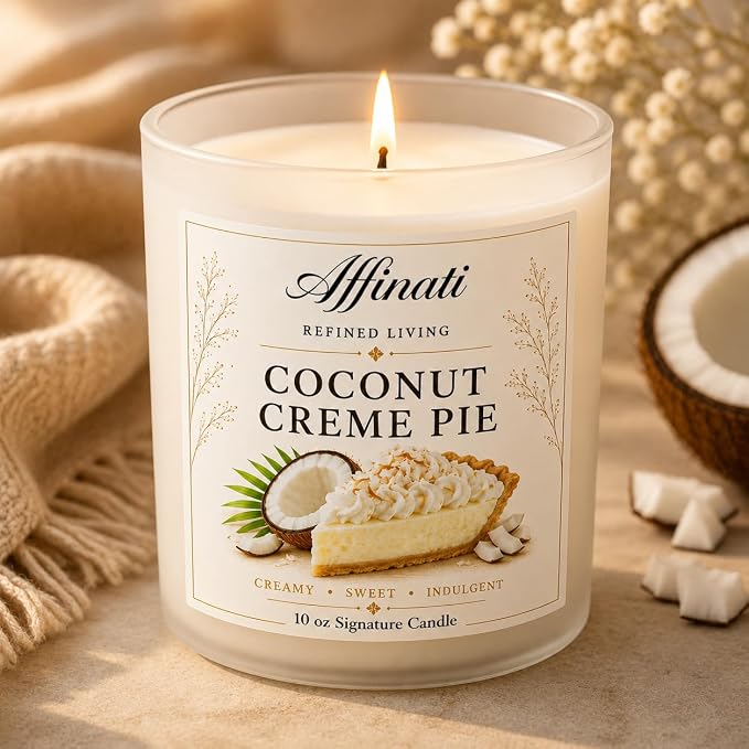 Affinati Coconut Creme Pie Scented Candle – 10 oz Luxury Soy Blend Candle for Home, Strong Scent Throw Sweet Rich Dessert Gourmand Bakery Candle, Premium Luxury Gift