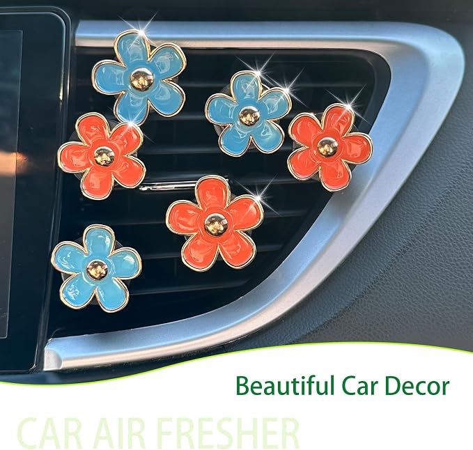 ORIESSE Flower Car Accessories,6pcs Daisy Car Air Freshener Vent Clips,3.3cm/3cm Blue Orange Flowers Decor,Refillable Diffusers for Women