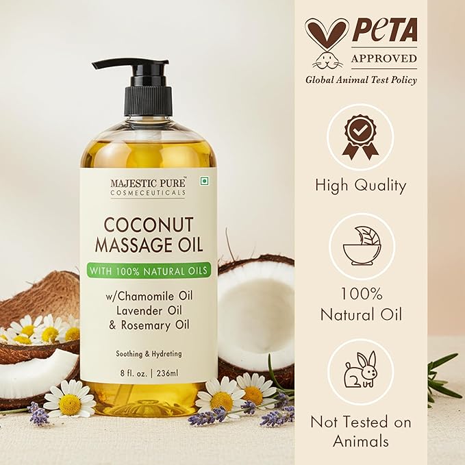 MAJESTIC PURE Coconut Massage Oil for Massage Therapy - Refreshing, and Relaxing - Natural Oils - for All Skin Types - Men and Women - 8 fl oz