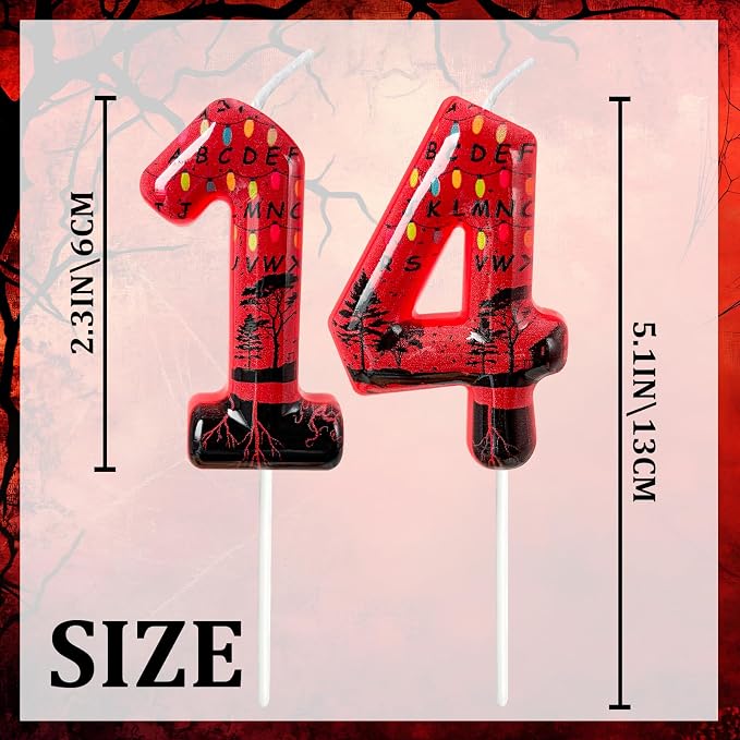 Red Number 14 Birthday Candle for Cake – Dark Horror Style with Alphabet Print & Shadow Design – Unique Cake Topper for Birthday, Anniversary, Themed Party Decoration