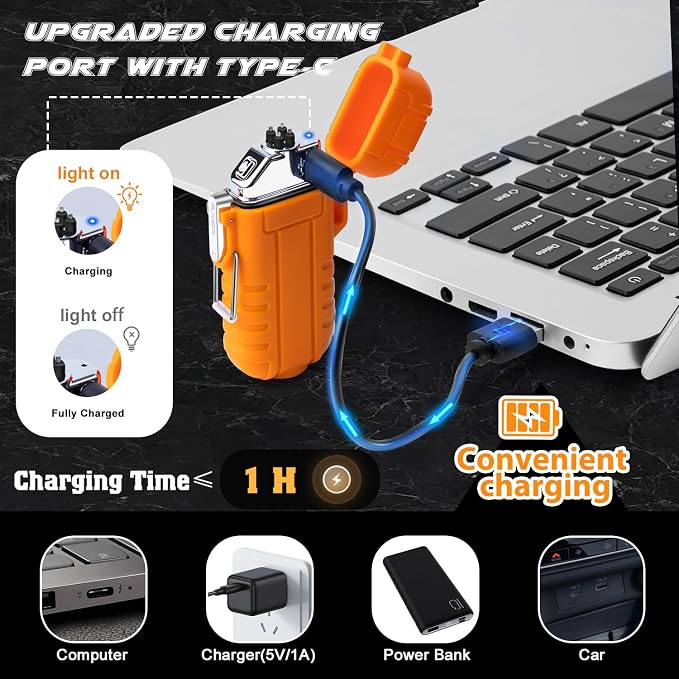 LcFun Electric Dual Arc Lighter USB Rechargeable Outdoor Windproof Flameless Plasma Lighters with Flashlight for Camping, Survival, Tactical (Orange)