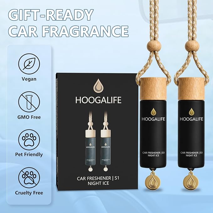 HOOGALIFE Car Air Freshener 2 Pack, Night ICE Hanging Diffuser, 45+ Days Long Lasting Scent, Refillable Bottle, Odor Control for Auto Interior, Made in USA