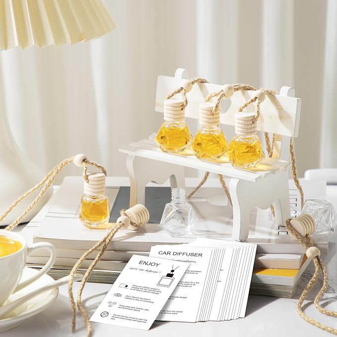 Boao 50 Sets Hanging Car Air Freshener Diffuser Bottles Empty Bulk with Car Diffuser Instruction Cards Organza Bags Glass Refillable Essential Oil Fragrance Aromatherapy Pendant (Diamond)