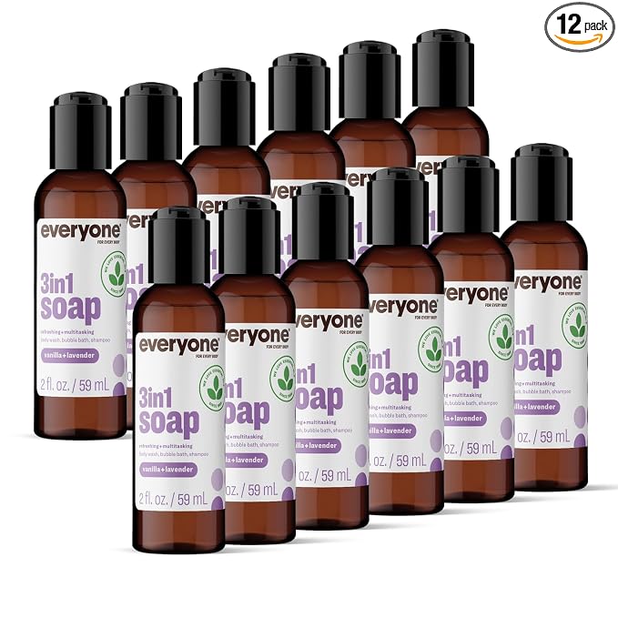 Everyone 3-in-1 Soap Body Wash, Bubble Bath, Shampoo, Travel Size, 2 Ounce (Pack of 12), Vanilla and Lavender, made with Essential Oils for Men and Women
