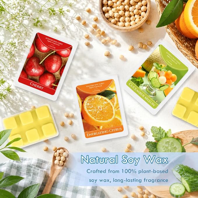 SCENTORINI Wax Melts, Scented Wax Cubes for Wax Warmers, Summer Scent Wax Melts, Coconut Beach, Pear Blossom, Cherry, Cucumber Melon, Pineapple, Energizing Citrus, 6 Pack