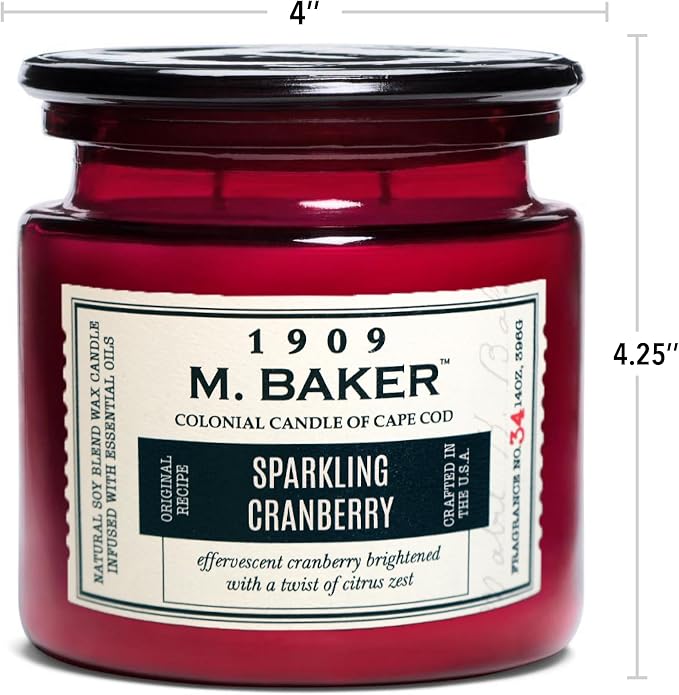 Colonial Candle Sparkling Cranberry Scented Candle, 2-Wick Natural Soy Blend Wax Candle Infused with Essential Oils, 14 oz Apothecary Glass Jar Candle - Made in The USA