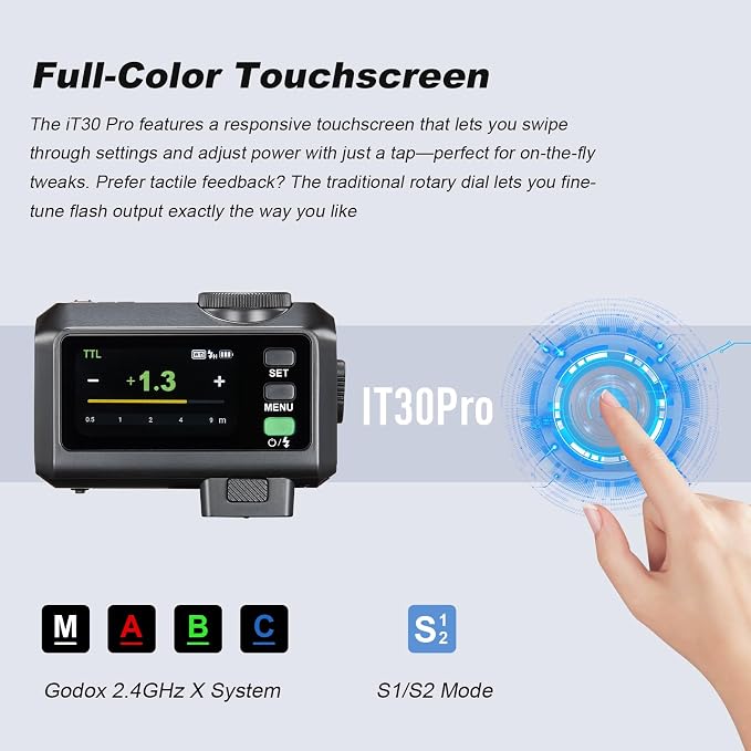 Godox iT30 Pro C TTL Mini Flash for Canon with Diffuser—HSS 1/8000s, 2.8" Full-Color Touchscreen, 2.4G Wireless X System, Magnetic Mount, Tilt/Swivel Camera Speedlight (Black)
