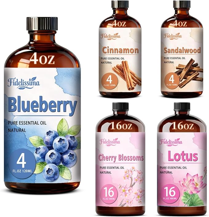 Fidelissima Natural Essential Oil Set,5 Scents Gift Kit–Blueberry,Cinnamon,Sandalwood,Cherry Blossomm,Lotus,Fragrance Oil for Diffuser,Candle Soap Making,Personal Care with Glass Dropper