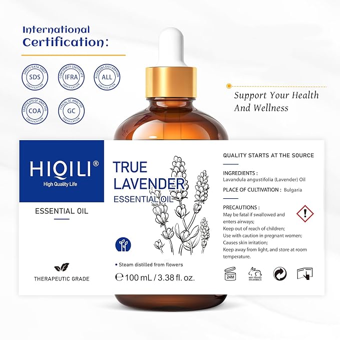 HIQILI Lavender Essential Oil - 100% Pure Undiluted, for Aromatherapy Diffuser at Room & Office, Relax Mind and Better Sleep, Therapeutic Grade | 100ML with Glass Dropper