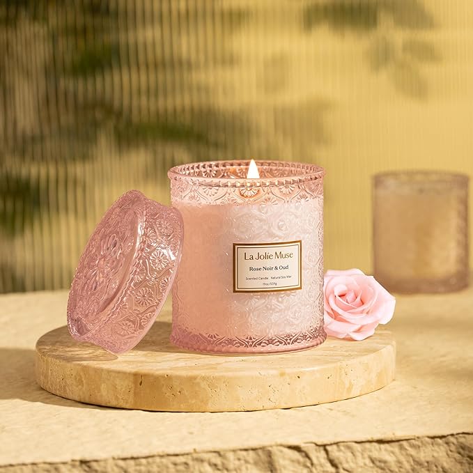 LA JOLIE MUSE Rose Noir & Oud Scented Candles for Home, 19 oz Natural Soy | Large Jar Luxury Candle, Floral Pink Candles, Clean Non Toxic, Decorative Candle Gifts for Women, Wood Wick, Sandalwood Rose