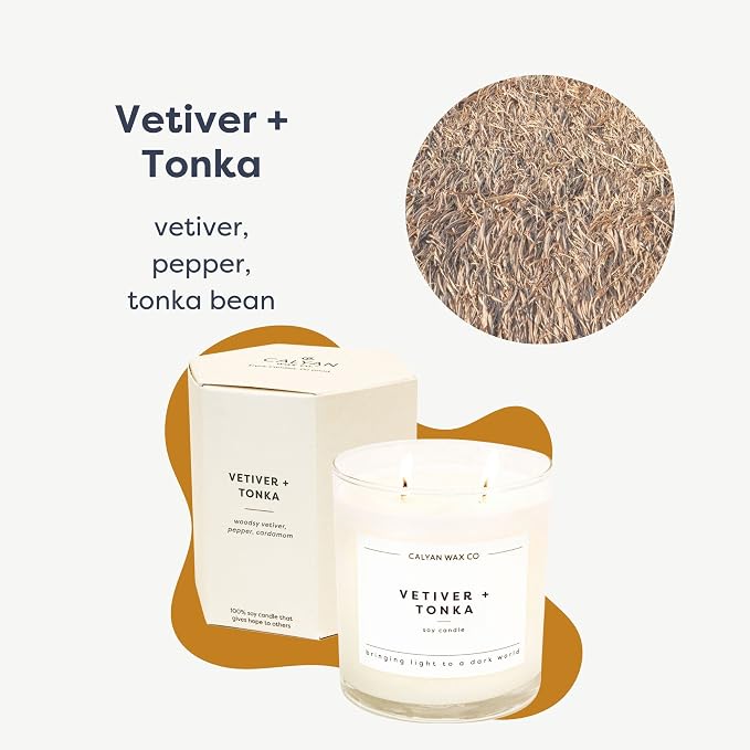 Calyan Wax Co. Vetiver & Tonka 2 Wick Scented Candle - 37 Hour Burn - Luxury Clean Soy Wax Candles - Long Lasting Large Glass Jar Candle for Home - 8.8oz