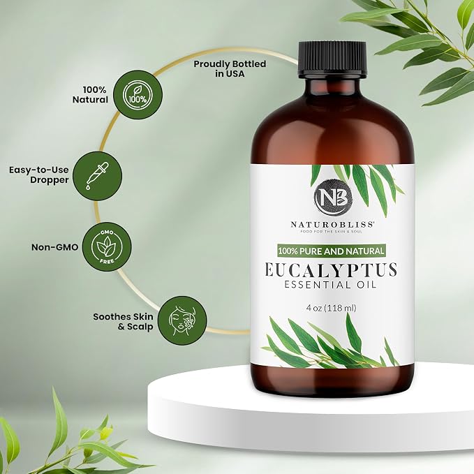 NaturoBliss Essential Oil with Glass Dropper - 100% Pure and Natural - Essential Oils for Diffuser, Aromatherapy, Soap and Candle Making, Eucalyptus Essential Oil, Eucalyptus Oil, 4 Fl Oz