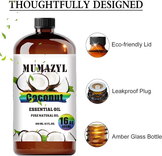 Coconut Essential Oil, Coconut Oil 16 Fl Oz 480ML for Diffuser Humidifier Yoga Cleaning DIY Candle Soap Making MUMAZYL Essential Oils