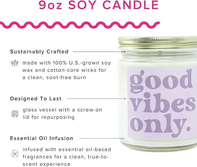 Austy Lou ‘Good Vibes Only’ Soy Candle – 9oz – Grapefruit Champagne Ginger Scent – Clean Burn, Handcrafted, Vegan, Fun Gift Idea
