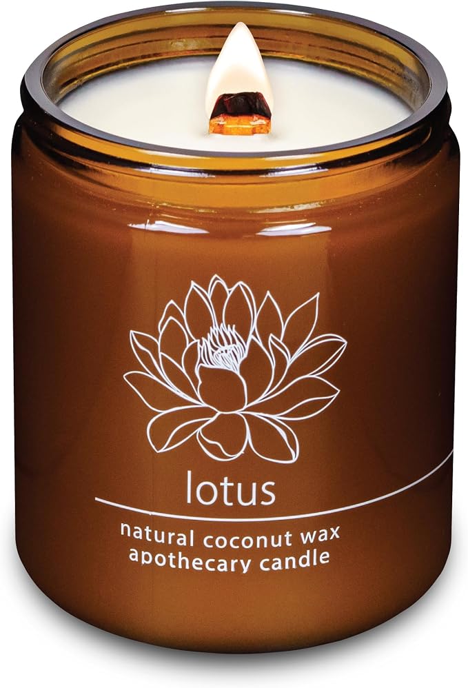Hemlock Park Lotus Flower Apothecary Scented Candle | Crackling Wood Wick, Botanical Fragrance & Coconut Apricot Wax | Up to 60 Hour Burn Time | 8 oz | Made in USA