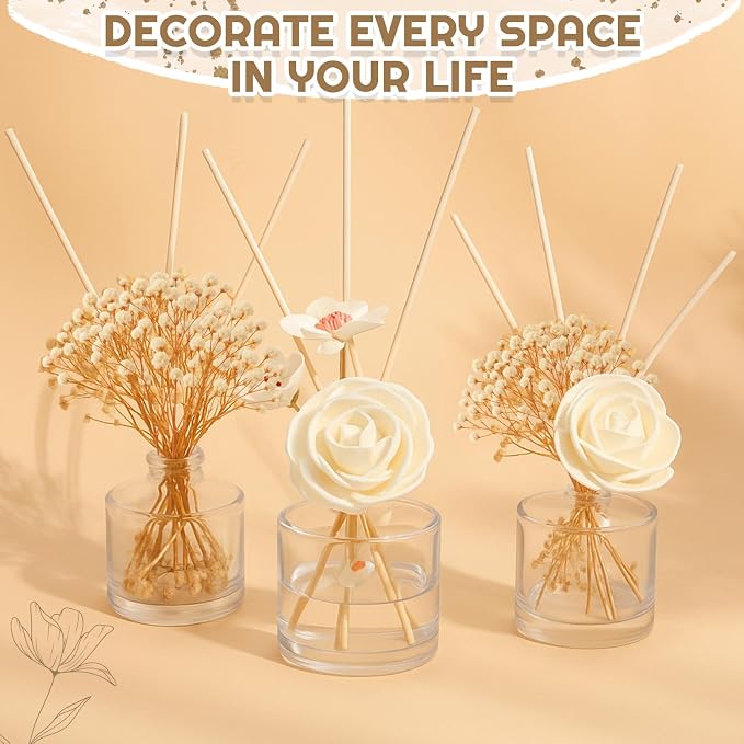 Daifunli 11 Pcs Flower Reed Diffuser Set Include Sola Flowers Diffuser Sticks with 5oz Empty Design Bottles Fragrance Rice Paper Natural Flower for Bedroom Office Bathroom Shelf Decor Gift(Elegant)