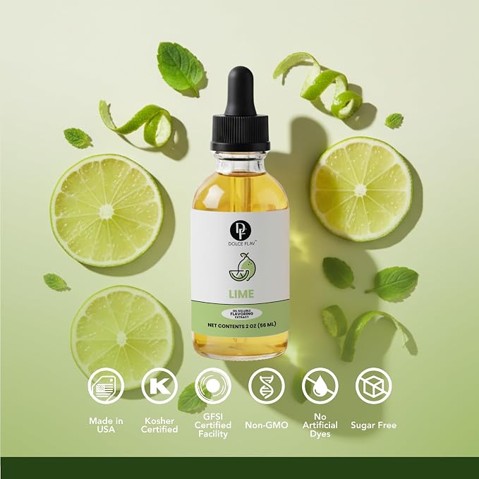 Dolce Flav Natural Lime Extract – 2 Ounce Oil-Soluble Kosher, Sugar-Free, Concentrated Citrus Lime Flavor for Candy, Chocolates & Desserts, Includes Measured Dropper