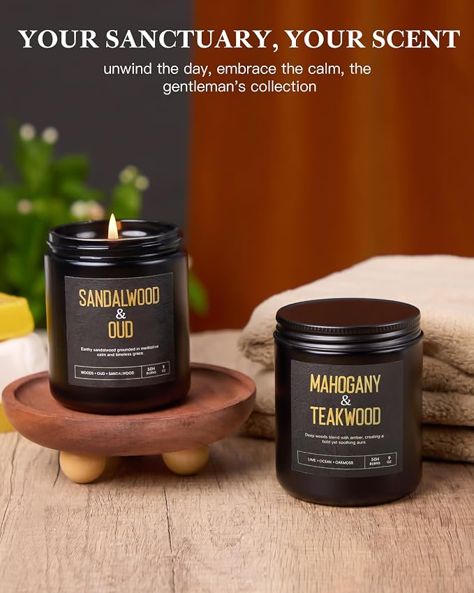 Wood Wick Scented Candles 4 Pack Candles for Home Scented 200 Hour Burn | Scented Candles Gift Set, Mahogany/Smoked Vanilla/Midnight Jasmine/Sandalwood Scented Candles, Men Women Birthday Gifts