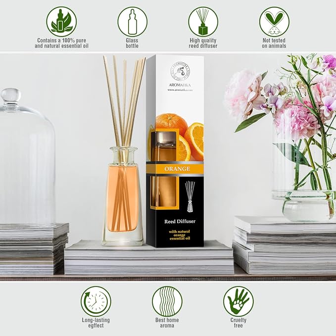 Orange Diffuser w/Orange Oil 3.4 Fl Oz - Fresh Room - Long Lasting Fragrance - Scented Reed Diffuser Orange - Diffuser Gift Set - for Aromatherapy - Home - Orange Essential Oil Diffuser by AROMATIKA