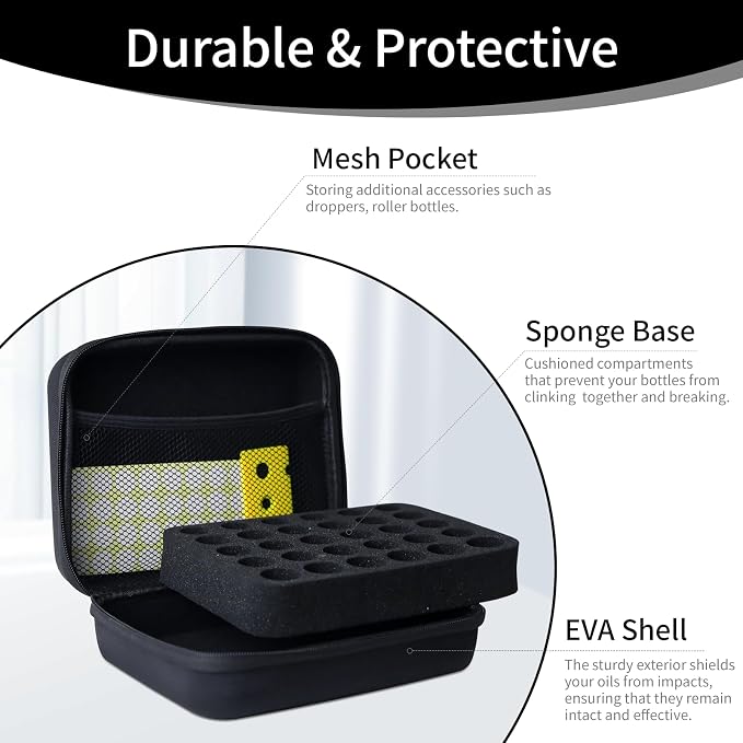 Essential Oil Storage Holder Organizer Carrying Case - 30 Bottles | Hard Shell Essential Oils Box Holds 5ml 10ml 15ml Bottle Travel Bag with Labels & Foam Insert for doTERRA & Young Living