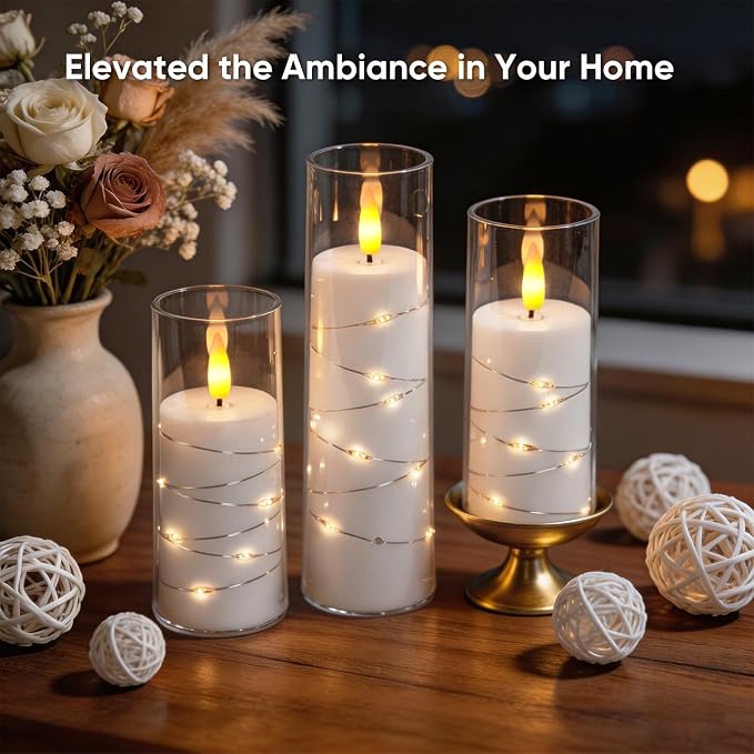 Raycare Flameless Candle with Remote Timer, 3 Flickering Acrylic Battery Operated LED Pillar Candles with Embedded Star String for Home Decor, Christmas, Wedding, Home Table Decor(White)
