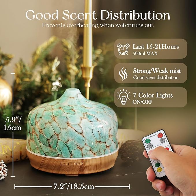 Porseme 500ml Glass Essential Oil Diffuser Aromatherapy Ultrasonic Cool Mist Humidifier 15-21 Running Hours Diffusers with Remote Control for Sleeping Yoga Working Spa(Blue）