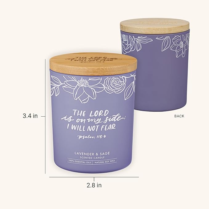 Christian Art Gifts Soy Wax Scented Candle: Lavender & Sage Scent, Psalm 118:6 Bible Verse, Pure Essential Oils, 4.5 oz, Up to 20 Hours Burn Time, Glass Jar w/Bamboo Lid, Encouragement Gift for Women