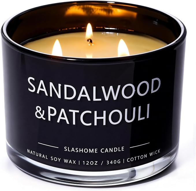 Sandalwood & Patchouli Scented Candle, Luxury Large 3 Wick Soy Candle 12 Oz, 60+ Hour Long Lasting Clean Burn, Elegant Aromatherapy Home Decor, Housewarming & Birthday Gift for Men & Women