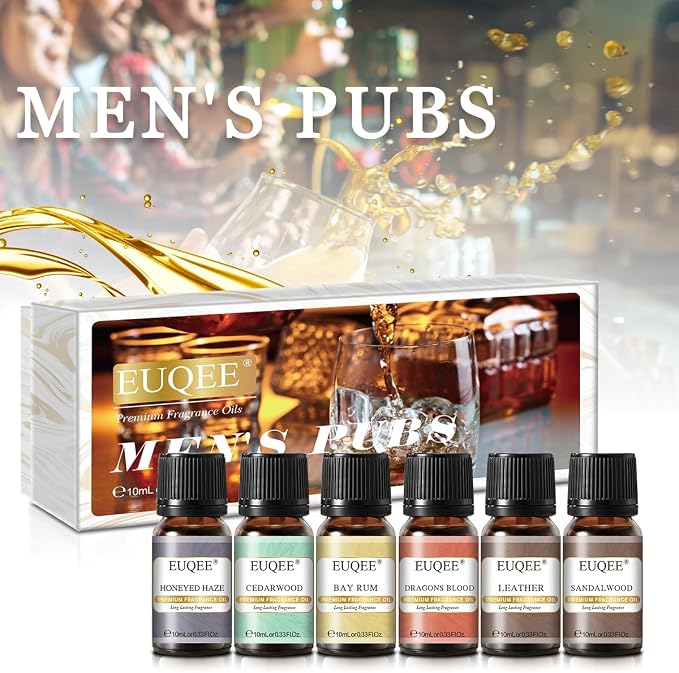 EUQEE 6PCS Fragrance Oils for Men, Men's Pubs Gift Set Premium Fragrance Oils -10ml-Leather, Honeyed Haze, Dragons Blood, Sandalwood, Bay Rum, Cedarwood (Men's Pubs)