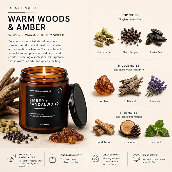 Amber Sandalwood Scented Candles for Men&Women | Natural Soy Candle 7oz, up to 50 Hrs Burn Time Sweet Amber & Authentic Sandalwood Aroma