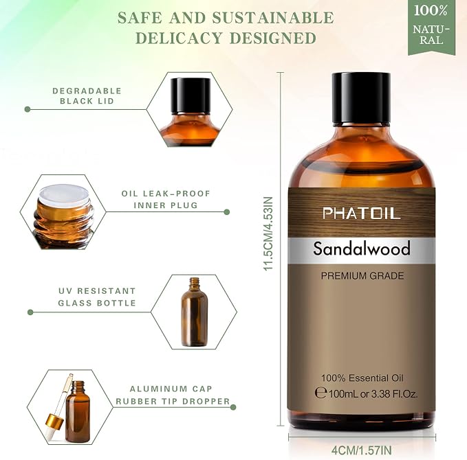 PHATOIL 100ML Sandalwood Essential Oil, Pure Aromatherapy Essential Oils for Diffuser, Humidifier, Scented Oils for Soap, Candle Making, Huge 3.38fl.oz Bottle