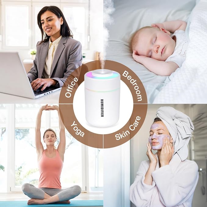 Small Mini Humidifier, USB Desk Cool Mist Humidifier Personal Portable Quiet Table Desktop Humidifiers for Cooling Home Office Car Summer Travel (180ml, White Grey)