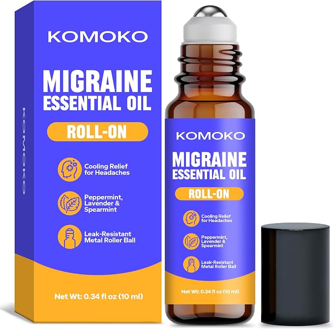 Komoko Migraine Essential Oil Roll-On (0.34 Fl Oz), Soothing Scented Roller for Headache Support, Natural Aromatherapy Essential Oil Roll-On with Coconut, Peppermint, Rosemary & Lavender Oils