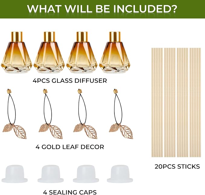 Reed Diffuser Set - 4 Empty Bottles with 20 Sticks, Delicate Gold Leaf Decor, Glass Fragrance Diffuser with Lids for Home, Bathroom | Refillable, Diamond Style (4 PCS Gold)