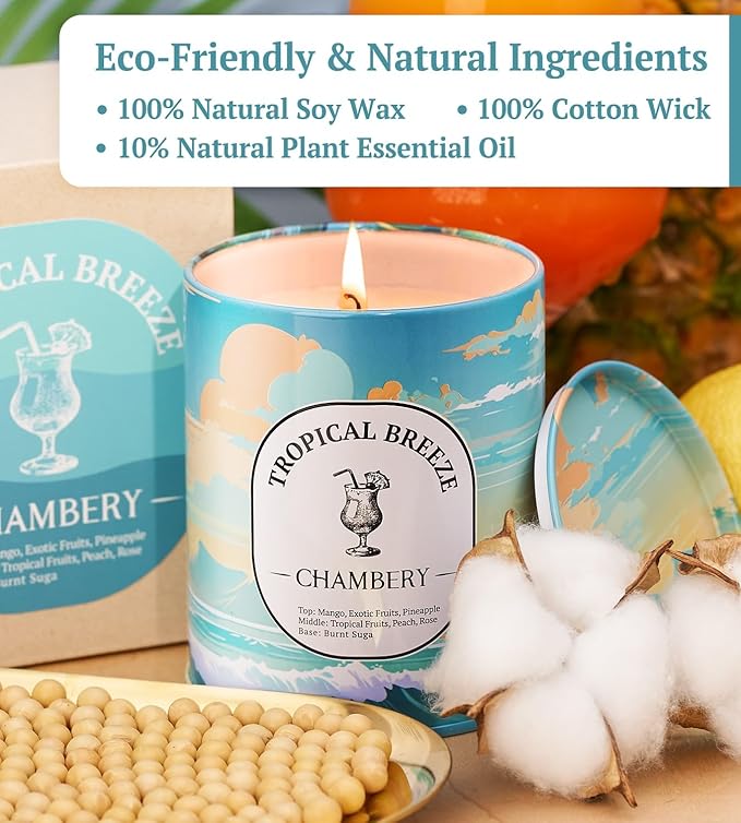 Tropical Breeze Candle 9.17oz | Serene British Virgin Islands Scene in Premium Tin | Lively Fruity Fragrance for Summer | Soy Wax with Lead-Free Cotton Wick | 55-Hour Burn