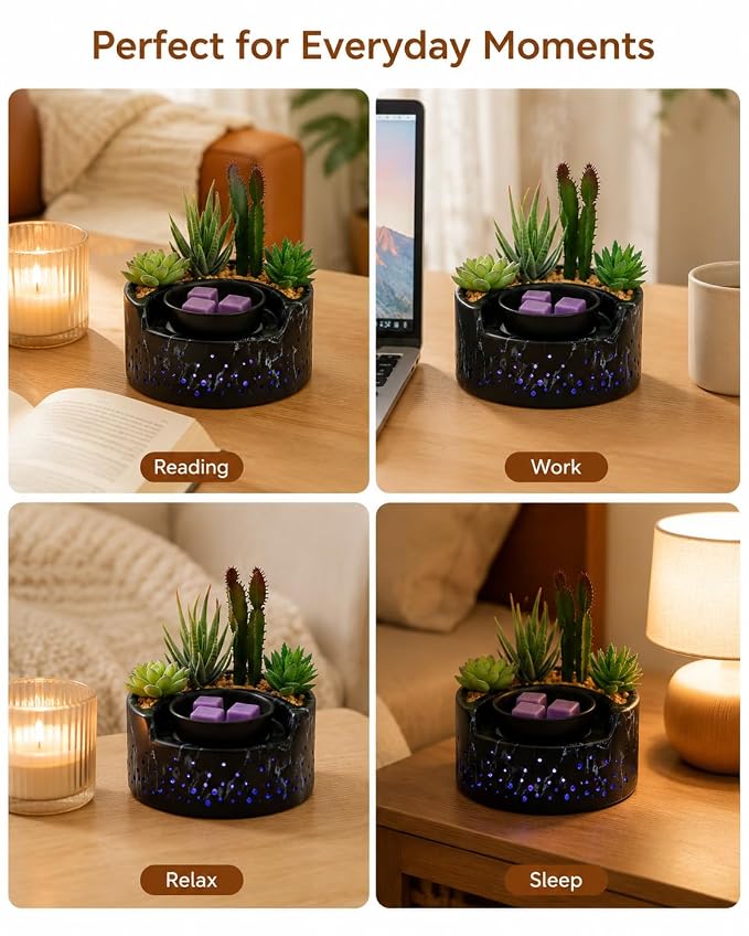 4-in-1 Ceramic Wax Warmer, Electric Scented Wax Melter with Hot Plate, 7-Color LED Candle Warmer Lamp, Aromatherapy Oil Diffuser & Succulent Marble Decor, for Yoga Room Home Office, Gift for Women