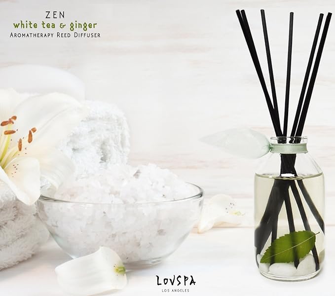 Zen White Tea & Ginger Reed Diffuser Set, Bathroom Decor, Room Scent | White tea, ginger, and citrus profile, kitchen shelf, decorative glass bottle, home aroma, entryway, powder room, living room
