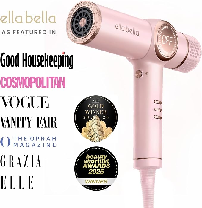 ELLA BELLA® Professional Ionic Hair Dryer with Diffuser • Negative Ion Blow Dryer • Suitable All Hair Types • Intelligent Heat Control & Rapid Drying Speeds • Lightweight Design • Low Noise Technology