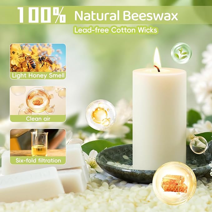 Beeswax Pillar Candles,86 Hours Long Burning,Ivory White Unscented Pure Bees Wax Candles for Home,Prayer,Dripless Smokeless Organic 100% Beeswax Candles Bulk 2x4in-2pack