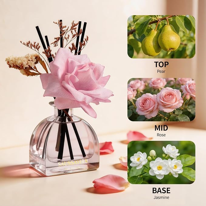 Reed Diffusers Set Rose Scented Diffuser for 140 Days, Flower Diffuser 8.5 fl oz with Dried Flowers and Decorative Rose, Long Lasting Home Fragrance with 10 Sticks for Bathroom, Shelf, Office Decor